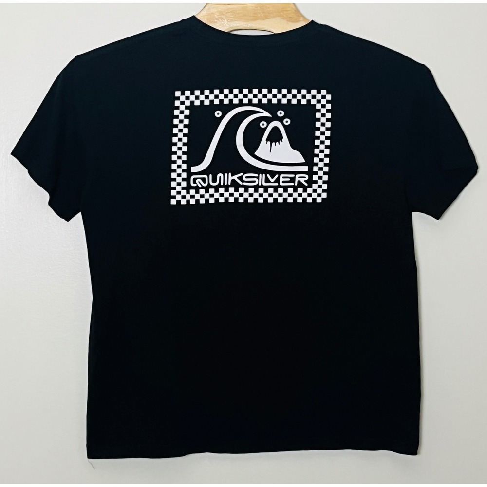 Quiksilver Mens XL Black Graphic T-Shirt‎ Checkered Logo Surf Skate Regular Fit